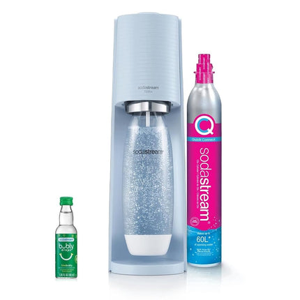 Sodastream - Terra Misty Blue Plastic Sparkling Water Maker with Lime Bubly Drop, Quick Connect CO2, Eco-Friendly Reusable Bottle, Stylish Kitchen Appliance