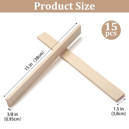 Wood Strips Trim Slats for Crafts, Square Wooden Dowels Wooden Sticks for Crafts, 3/8" × 1.5" × 15", 15 PCS Wood Dowel Rods, Unfinished Hardwood Sticks Flat Lumber Boards for Woodworking