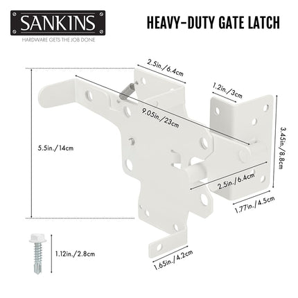 Self-Locking Gate Latch Heavy Duty Post Mount Automatic Gravity Lever for Wooden/PVC Fence, Door Lock with Fasteners Hardware for Secure Pool |Yard | Garden, Steel, White