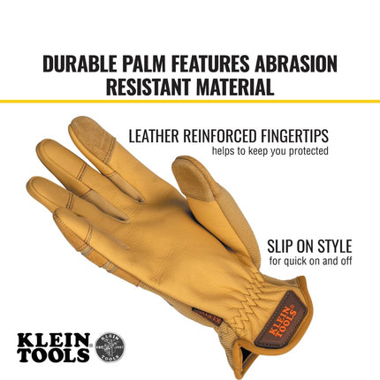 KLEIN TOOLS 60607 Work Gloves, All-Purpose Premium Leather Gloves, Abrasion-Resistant, Heavy-Duty Gloves Ideal for Wire Pulling Work, Medium