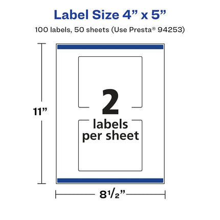 Avery Glossy White Rectangle Labels with Sure Feed, 4" x 5", 100 Glossy White Labels, Print-to-The-Edge, Permanent Label Adhesive, Laser/Inkjet Printable Labels
