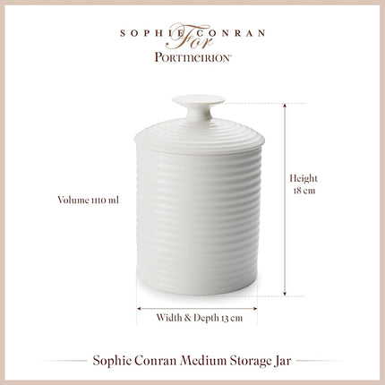 Portmeirion x Sophie Conran White Porcelain Storage Jar with Lid, Stylish and Durable Canister for Kitchen Essentials, 18cm tall, 1110ml Volume