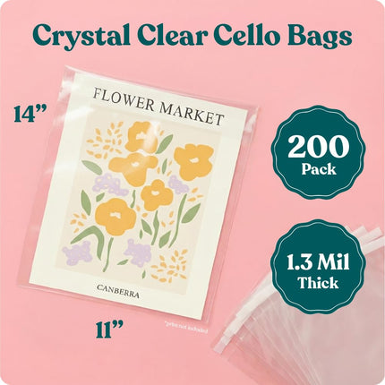 Pack It Chic - 11” X 14” Self Sealing Cellophane Bags (200 Pack) - Resealable Adhesive Clear Bags for Gifts, 11X14 Photos, Prints, Envelopes, Documents