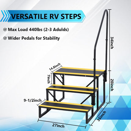 Escalones de 3 peldaños para RV con pasamanos, escalones de metal para jacuzzi con cintas antideslizantes, escalones portátiles para RV, escalones para casas móviles, remolques de viaje, cámper, jacuzzi, piscina en el suelo para interiores y exteriores