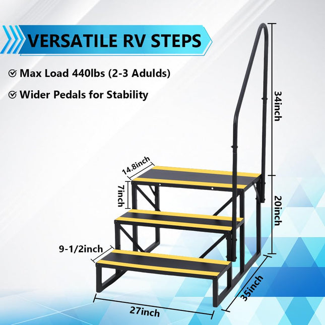 3 Step RV Stairs with Handrail, Hot Tub Steps Metal with Non-Skid Tapes, Portable Stairs Steps for RV, Mobile Home Stairs Travel Trailers, Camper, Hot Tub, Ground-Pool for Indoor & Outdoor