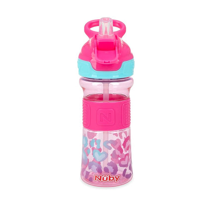 Nuby Thirsty Kids Vaso Entrenador Antiderrame Flip-It con Boquilla Suave - 12 oz - 18+ Meses - Leopardo Rosa - Esenciales para la Vuelta al Cole