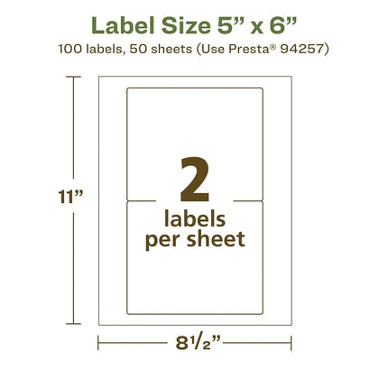 Avery EcoFriendly Matte White Recycled Rectangle Labels, 5" x 6", Matte White Labels, Permanent Adhesive, Laser/Inkjet Printable, 100 Total