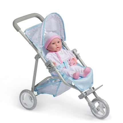 JC Toys | Berenguer Boutique |3 Wheeled Folding Doll Jogger Stroller | Blue | Ages 3+