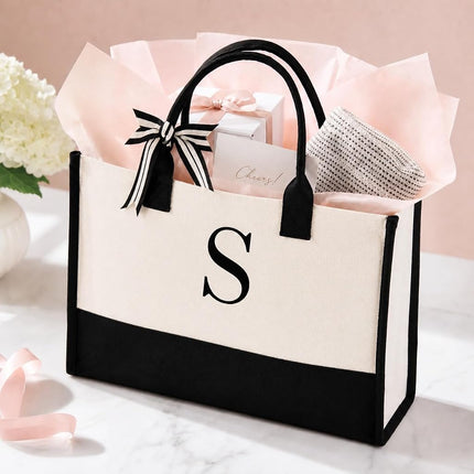 Mud Pie Classic Black and White Initial Canvas Tote Bags (C), 100% Cotton, 17" x 19" x 2"