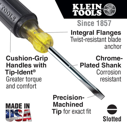 Klein Tools 607-3 Mini Flathead Screwdriver with 3/32-Inch Cabinet Tip, Made in USA, 3-Inch Round Shank and Cushion-Grip Handle