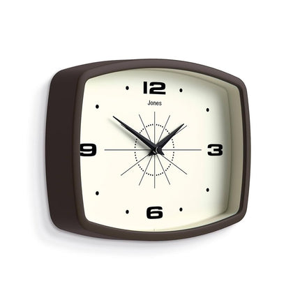 JONES CLOCKS® Movie wall clock | Rectangular retro clock | 25cm | Mocha brown | Cool mid-century designer look for kitchen, living room or office