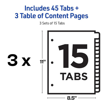 Avery 15 Tab Dividers for 3 Ring Binders, Customizable Table of Contents, Multicolor Tabs, 3 Sets (11074)