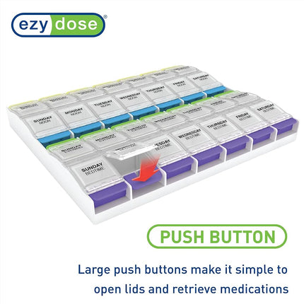 Pilulier hebdomadaire EZY DOSE (7 jours), boîte à vitamines et médicaments, compartiments à bouton-poussoir très grands (2X), 4 fois par jour, couvercles transparents