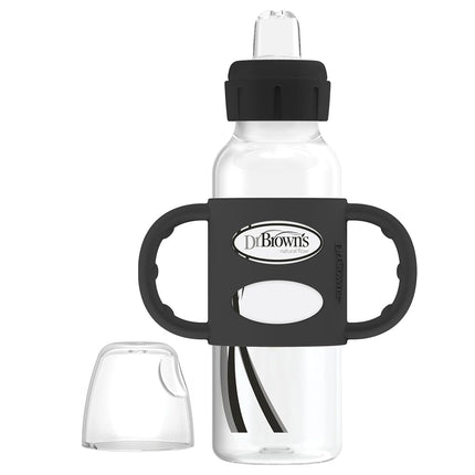Dr. Brown's Milestones Narrow Sippy Spout Bottle with 100% Silicone Handles, Easy-Grip Handles with Soft Sippy Spout, 8oz/250mL, Black, 1-Pack, 6m+