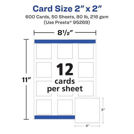 Avery Printable Square Cards with Sure Feed Technology, 2" x 2", Matte White Cardstock, Print-to-the-Edge, Laser/Inkjet Cards, 600 Total