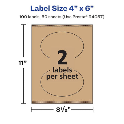 Avery Kraft Brown Oval Labels with Sure Feed, 4" x 6", 100 Kraft Brown Labels, Print-to-The-Edge, Laser/Inkjet Printable Labels