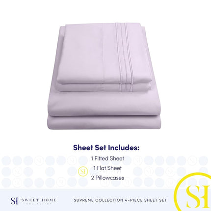 Sweet Home Collection Luxury Bedding Set with Flat, Fitted Sheet, 2 Pillow Cases, Find Double Brushed Microfiber, Lilac, Queen