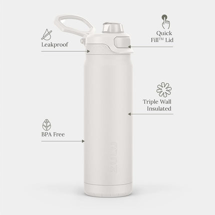 ZULU Powerfill Pro 24oz Stainless Steel Water Bottle with Quick Fill Lid, Triple Walled Vacuum Insulated Metal, Leak Proof Locking Lid, Sip and Chug, Reusable BPA Free, White