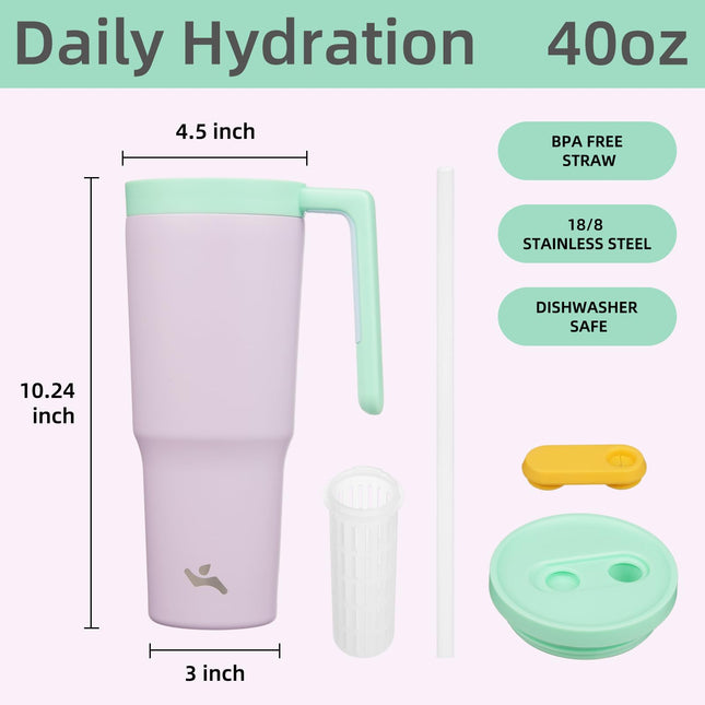 Konokyo Gobelet isotherme avec poignée et paille, 40 oz, en acier inoxydable sous vide, bouteille d'eau, tasse de voyage en métal avec infuseur à fruits, violet