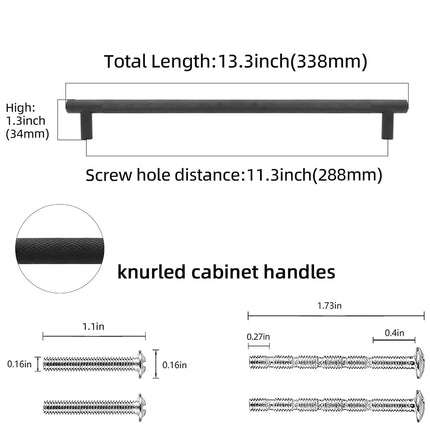 POVEFONK 6 Pack 11-1/3 inch(288mm) Matte Black Kitchen Cabinet Handles Knurled Cabinet Pulls Black Drawer Pulls Kitchen Hardware