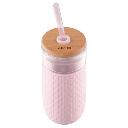 Ello Devon Glass Tumbler with Splash Proof Wooden Lid and Straw, Protective No Sweat Silicone Sleeve, Perfect for Smoothies and Iced Coffee, BPA Free, Dishwasher Safe, Pink Satin, 18oz