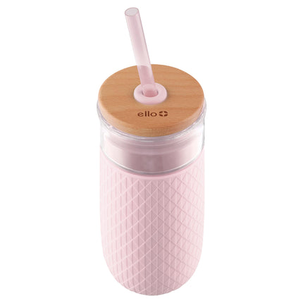 Ello Devon Glass Tumbler with Splash Proof Wooden Lid and Straw, Protective No Sweat Silicone Sleeve, Perfect for Smoothies and Iced Coffee, BPA Free, Dishwasher Safe, Pink Satin, 18oz
