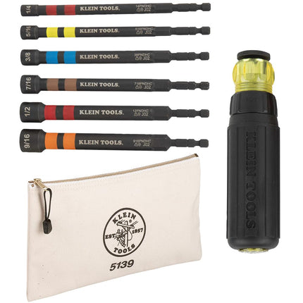 Klein Tools 80182 Ratcheting Impact-Rated Hollow Power Nut Driver Set with Handle, Magnetic, 6 SAE Hex Sizes Plus Zipper Canvas Tool Bag, 12.5 x 7 x 0.7-Inch 8-Piece
