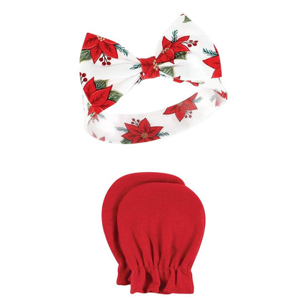 Set de diadema y manoplas de algodón para bebé unisex Hudson Baby, Flor de Pascua, 0-6 meses, Flor de Pascua, 0-6 meses
