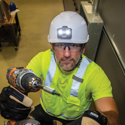 Klein Tools (KLEBE) Klein Tools 60150 Safety Helmet, White Vented Hard Hat with Rechargeable Headlamp,Tested to Tough Industrial Hard Hat Safety Standards