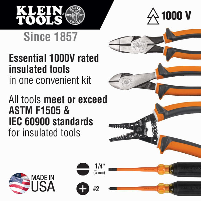 Insulated Screwdriver Tool Set, 1000V with #2 Phillips and 1/4-Inch Cabinet Slim Tips, 2 Pliers and Wire Stripper, Klein Tools 94130