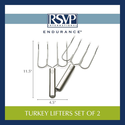 RSVP International Endurance® (LFT-2) Stainless Steel Turkey & Roast Lifters, Set of 2 | Transfer Turkey or Ham Easily | Long Handles for Strong Grip | Dishwasher Safe | Great for Thanksgiving