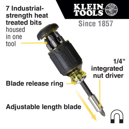 Klein Tools 32308F Impact Driver Set, 10-in-1 Stubby Driver Set, Hex Flip Socket, 7 Bits, 1/4-Inch Deep Bit Holding Feature, 10-Piece