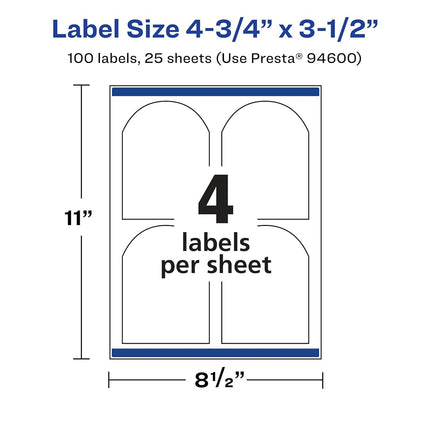 Avery Glossy Clear Arched Labels with Sure Feed, 4.75" x 3.5", 100 Glossy Clear Labels, Print-to-The-Edge, Laser/Inkjet Printable Labels