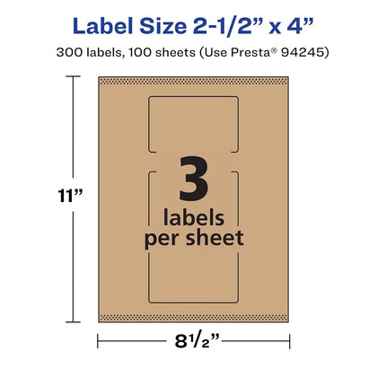 Avery Kraft Brown Rectangle Labels with Sure Feed, 2.5" x 4", 300 Kraft Brown Labels, Print-to-The-Edge, Laser/Inkjet Printable Labels