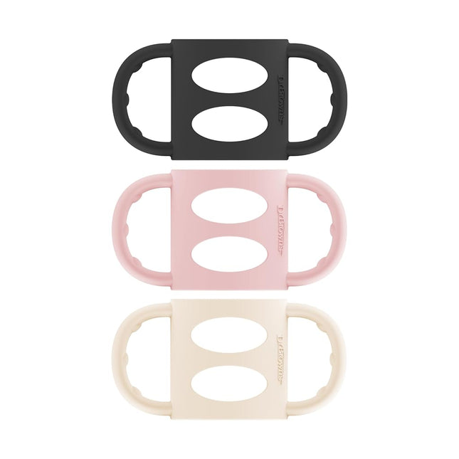 Dr. Brown's Narrow Baby Bottle Handles, 100% Silicone, Easy Grip Removable Handles for Bottle to Sippy Cup Transition, Black/Ecru/Pink, 3-Pack, 4m+
