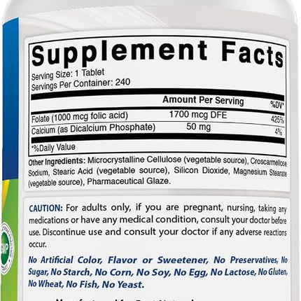 Best Naturals Folic Acid 1000 mcg (Vitamin B9), 240 Tablets (1000 mcg (Pack of 3))