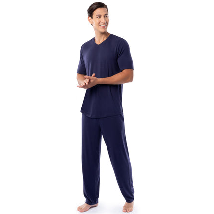 Fruit of the Loom mens 360 Stretch Short Sleeve V-neck Top and Pant Sleep Pajama Set, Navy, L
