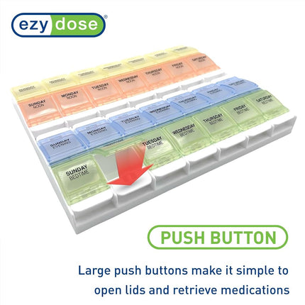 EZY DOSE Pastillero Semanal (7 días), Contenedor de Vitaminas y Organizador Diario de Medicamentos, 2 Compartimentos con Botones, Fácil de Usar para Personas con Artritis, 4 Veces al Día