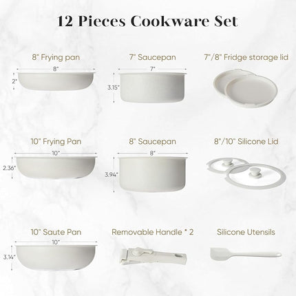 Cookware Set, Pots and Pans Set Non Stick, 12 Pcs Cookware Set for Cooking, Kitchen Cooking Set Frying Pan Nonstick Sauce Pans with Lid and Detachable Handle, Beige