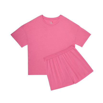 Hanes Women's Originals 2 Piece Lounge, Comfywear Supersoft Boxy T-Shirt & Sleep Shorts Loungewear Set, Parrot Pink/Parrot Pink, X-Large