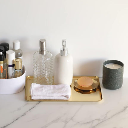 FREELOVE Gold Serving Tray, Stainless Steel Platter Bathroom Sink Vanity Trays Cosmetics Jewelry Organizer Towel Tray Tea Tray Decorative Tray (Gold, Rectangle 12'' by 7.9'')
