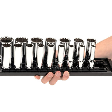 TEKTON 1/2 Inch Drive Deep 12-Point Socket Set with Rails and Tray, 16-Piece (3/8-1-5/16 in.) | SHD92119