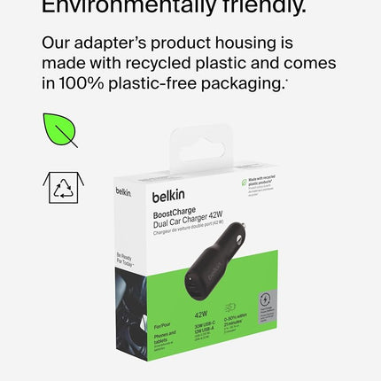 Belkin BoostCharge Dual Car Charger 42W w/Fast Charge USB-C 30W PPS & 12W USB-A Ports for Apple iPhone 16/16 Pro/16 Plus/16 Pro Max, iPhone 15, 14, 13, 12 Series, Samsung Galaxy S24, & More - Black