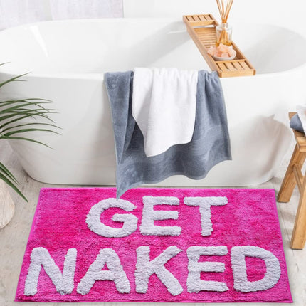 Get Naked Bath Mat - Funny Cute Bathroom Rug in Hot Pink, Magenta, Peach - Non-Slip Washable Shower Mat for Girls, Women - Fun College Apartment Decor