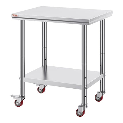 VEVOR Stainless Steel Catering Work Table 76(L) x60(W) x80(H) cm Commercial Work Table with 4 Wheels Commercial Food Prep Workbench with Flexible Adjustment Shelf for Kitchen Prep Table