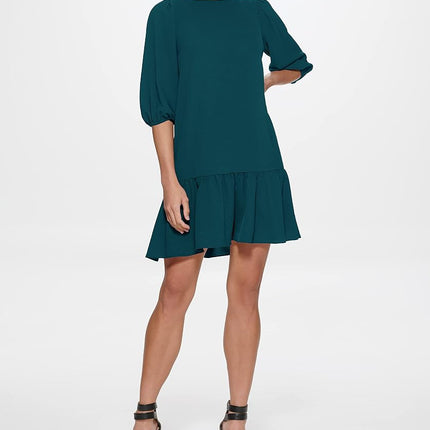 DKNY Womens Flowy 3/4 Sleeve Ruffle Hem Dress, Emerald Sea, 6