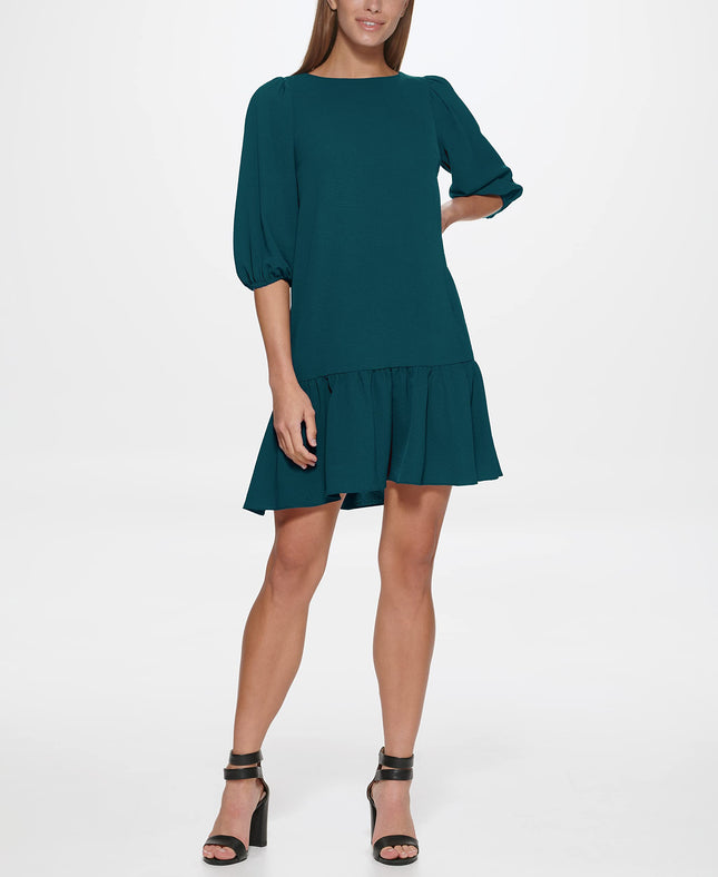 DKNY Womens Flowy 3/4 Sleeve Ruffle Hem Dress, Emerald Sea, 6