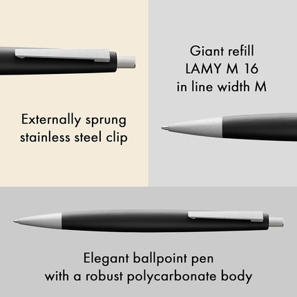 Lamy 2000 black - elegant ballpoint pen in robust fibreglass barrel - perfectly balanced - incl. giant refill M 16 in line width M in black