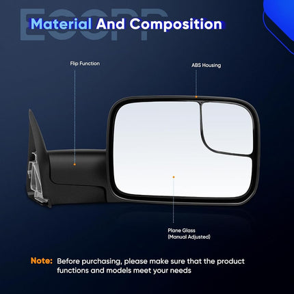 ECCPP® Black Manual adjusted Side View Mirror Tow Towing Mirrors Left & Right Pair Set Replacement fit for 94-01 Dodge Ram 1500, 94-02 Ram 2500 3500 Truck