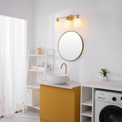 Globe Electric 52055 Cannes 3-Light, Gold Bathroom Vanity Light Fixtures, Modern Wall Lighting with Milk Glass Shades, Vanity Lights for Bathroom, Brass Bathroom Light fixtures